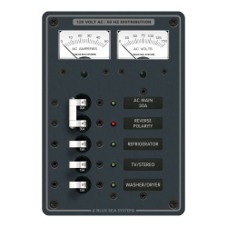 Blue Sea Systems, artnr: 8409, Blue Sea Systems Panel 120VAC 5pos w/Main V/AMtr (replaces 8409B-BSS).